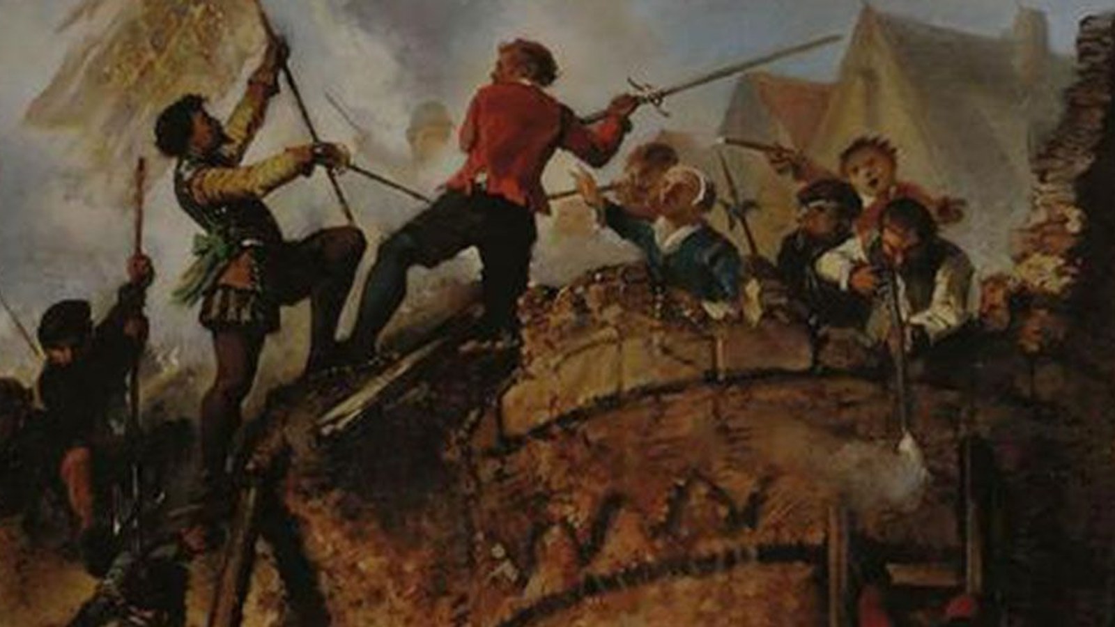 Schildering van groep mannen met vlaggen op aarden wal tijdens historische krijgsscène