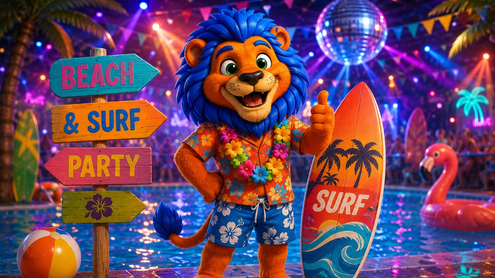 Illustratie karikatuur leeuw in hawaiihemd met surfboard, borden Beach Surf Party en feestdecoratie met discobal