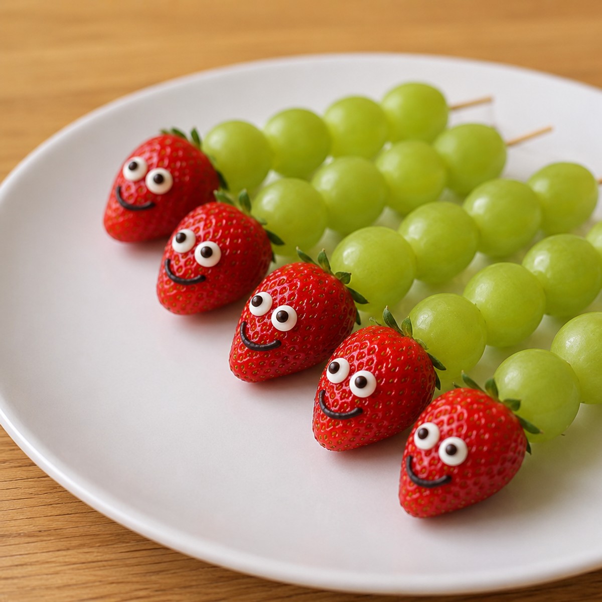 Witte bord met fruitrupsjes: rode aardbeien met oogjes en groene druiven op houten stokjes