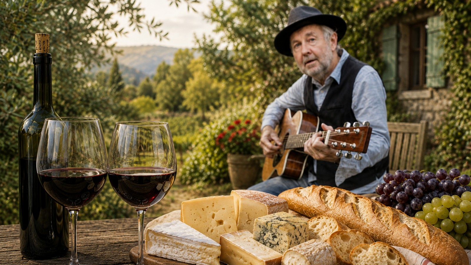 Man met hoed speelt akoestische gitaar naast tafel met wijn, kaas, brood en druiven in landelijke omgeving
