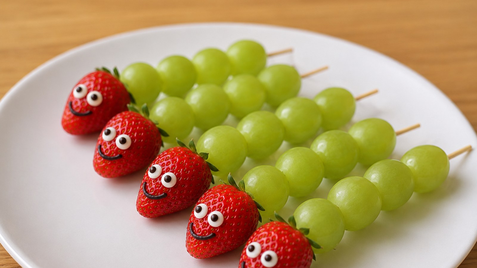 Witte bord met fruitrupsjes: rode aardbeien met oogjes en groene druiven op houten stokjes