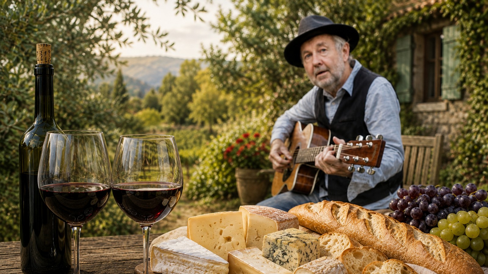 Man met hoed speelt akoestische gitaar naast tafel met wijn, kaas, brood en druiven in landelijke omgeving