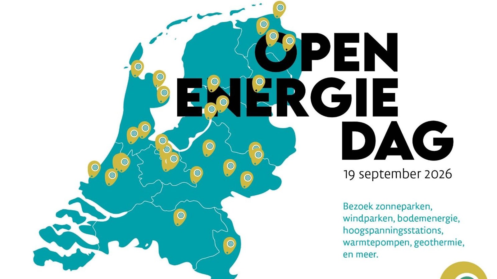 Kaart van Nederland in turquoise met gele locatiepunten en zwarte tekst 'Open Energie Dag 19 september 2026'