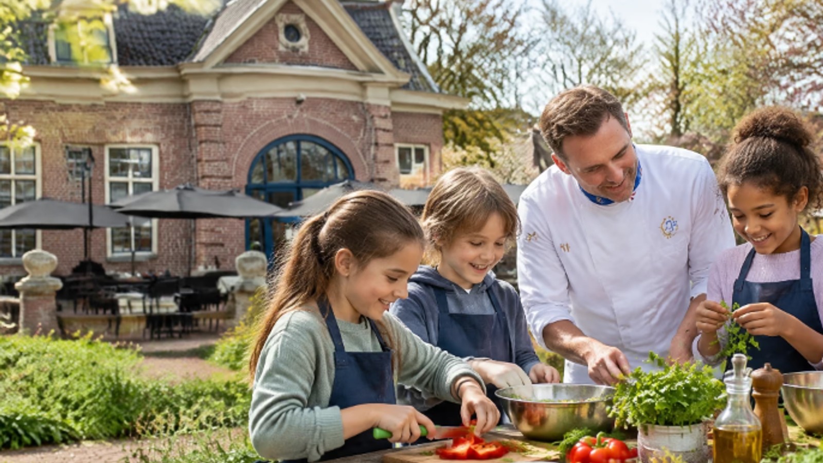 Volwassene en drie kinderen bereiden voedsel toe aan tafel buiten, met bakstenen huis op achtergrond