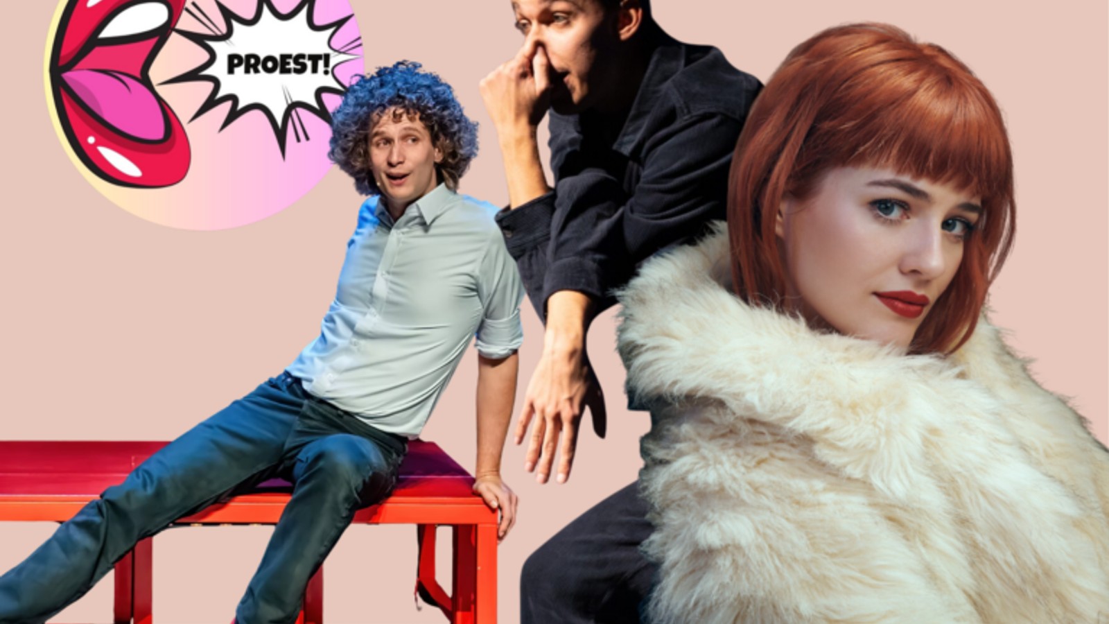 Drie performers poseren voor een Proest!-poster met roze mond en comic-stijl grafiek tegen pastelkleurige achtergrond.