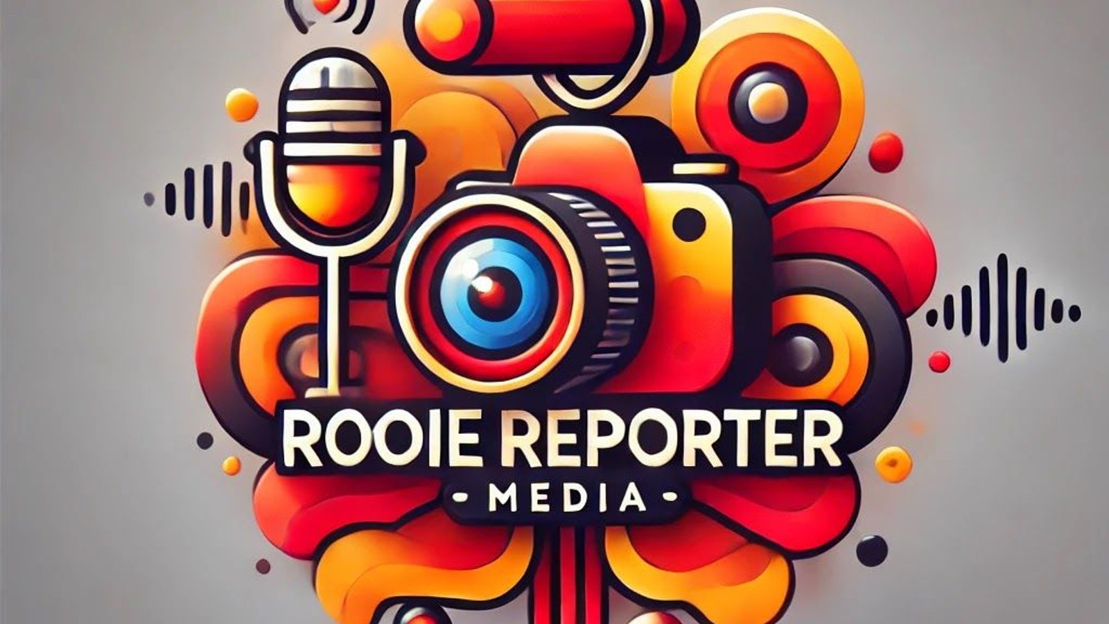 Kleurrijke logo met gestileerde microfoon, camera, film en audiovisualetekens in rood, oranje en geel met tekst 'ROOIE REPORTER MEDIA'.