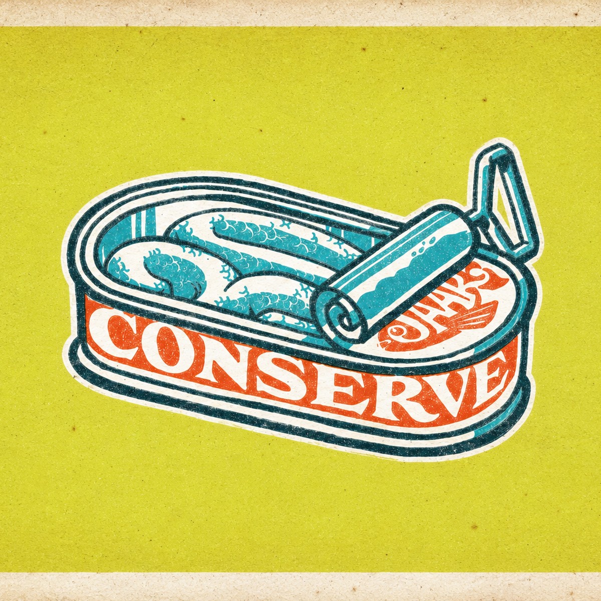 Vintage logo van open conservenblik met vis en oranje lint op gele achtergrond met beige randen