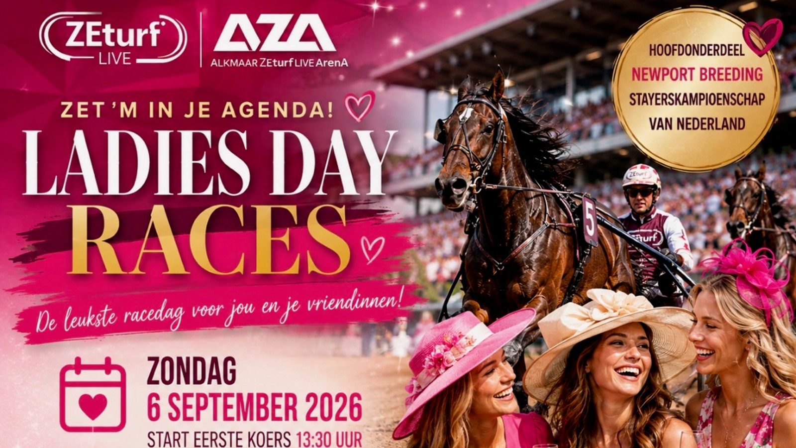 Promotieposter Ladies Day Races met paard en rijder, drie vrouwen in roze outfit, logo's en startgegevens