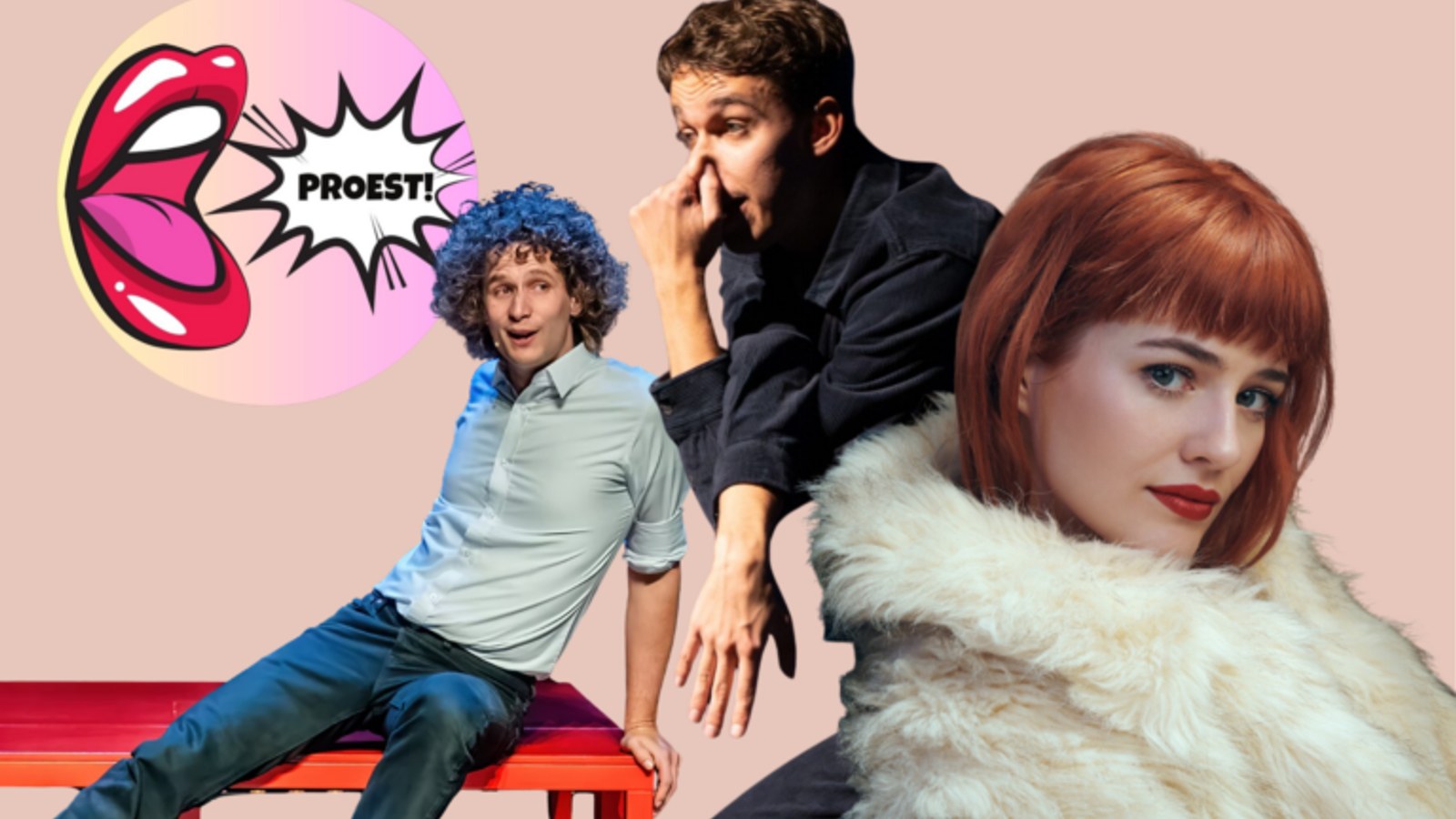 Promotieafbeelding Proest met roze lippen logo en drie performers op gekleurde achtergrond