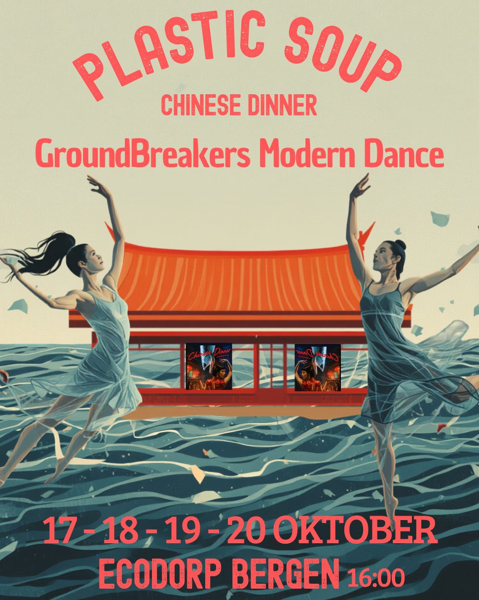Affiche Plastic Soup Chinese Dinner met twee dansende figuren, rood Chinees tempeldak en watergolven