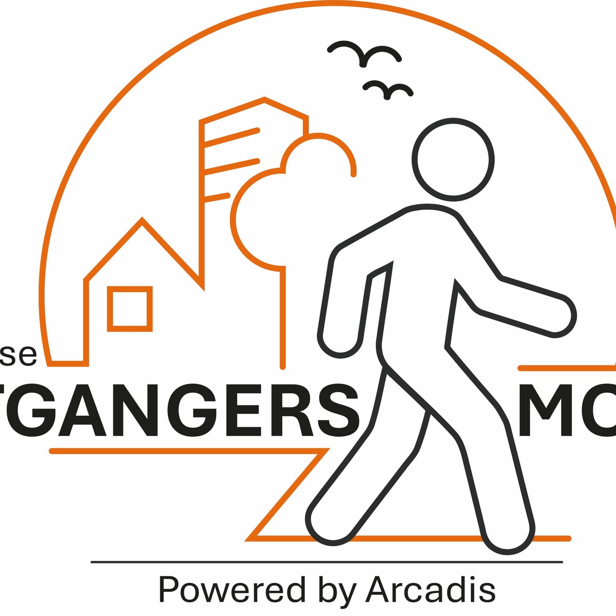 Logo voetgangers monitor met lopende stijlfiguur en huizen in oranje lijnen