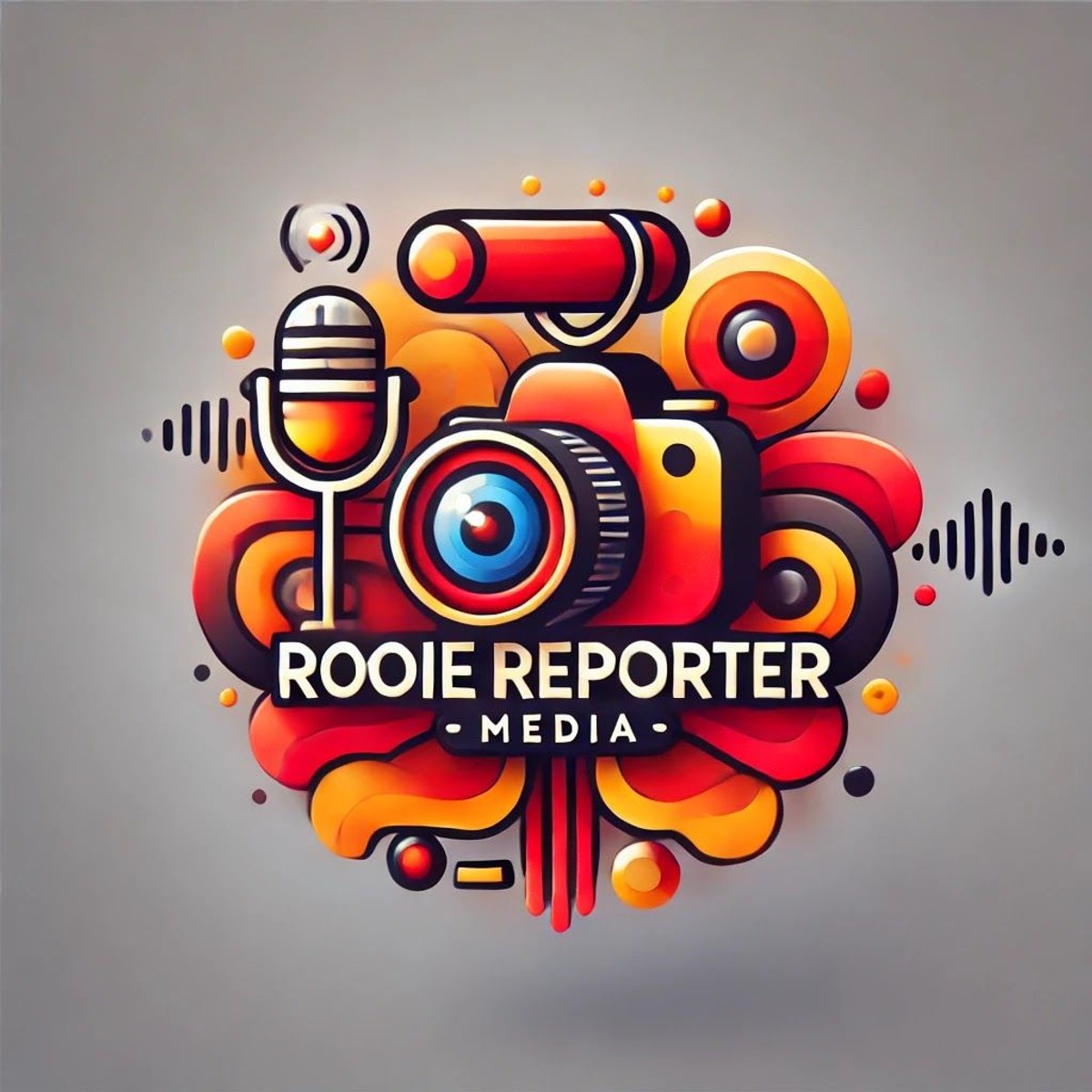 Kleurrijke illustratie met abstracte vormen in rood, oranje en geel, microfoon, camera en audiovisualetekens met tekst 'ROOIE REPORTER