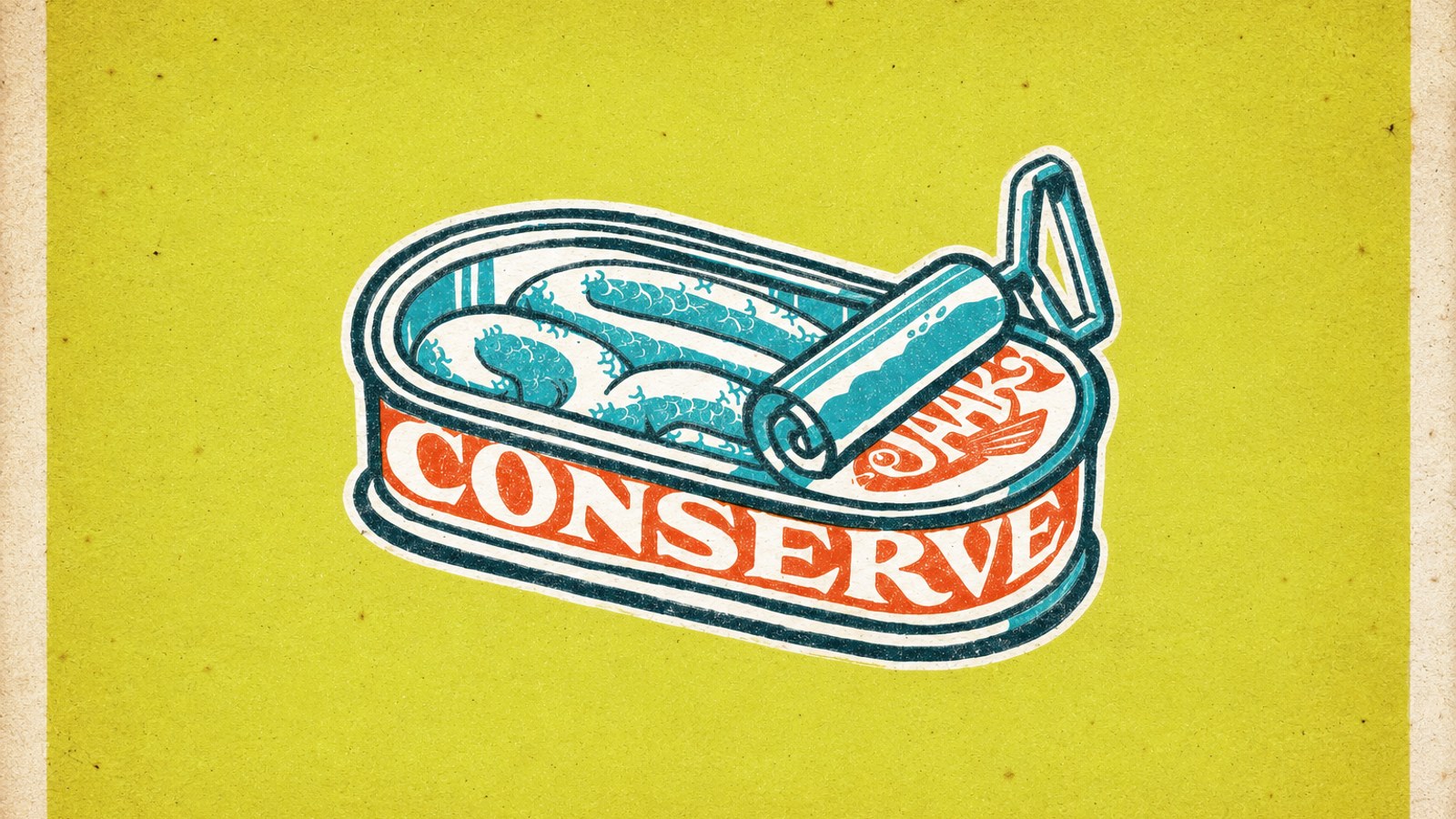 Vintage logo van open conservenblik met sardines en oranje lint op gele achtergrond