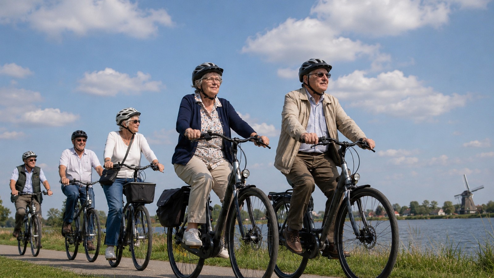 Vijf fietsers rijden naast elkaar op een fietspad langs water en groen landschap, allen met helm en in casual kleding.