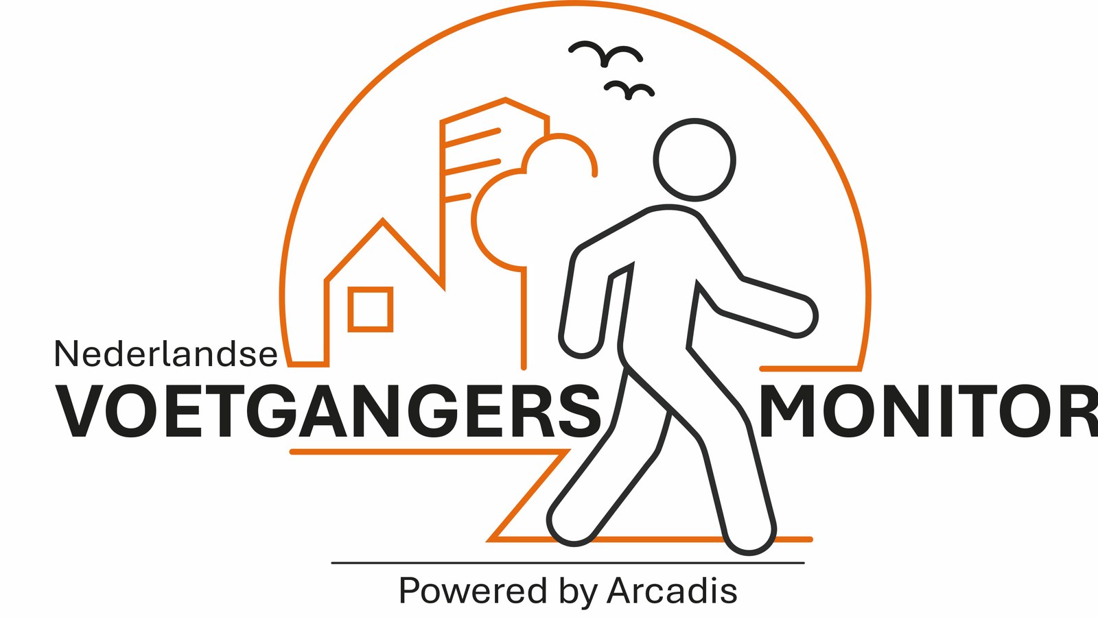 Logo Nederlandse Voetgangers Monitor met stijlfiguur en gebouwen in oranje lijnen