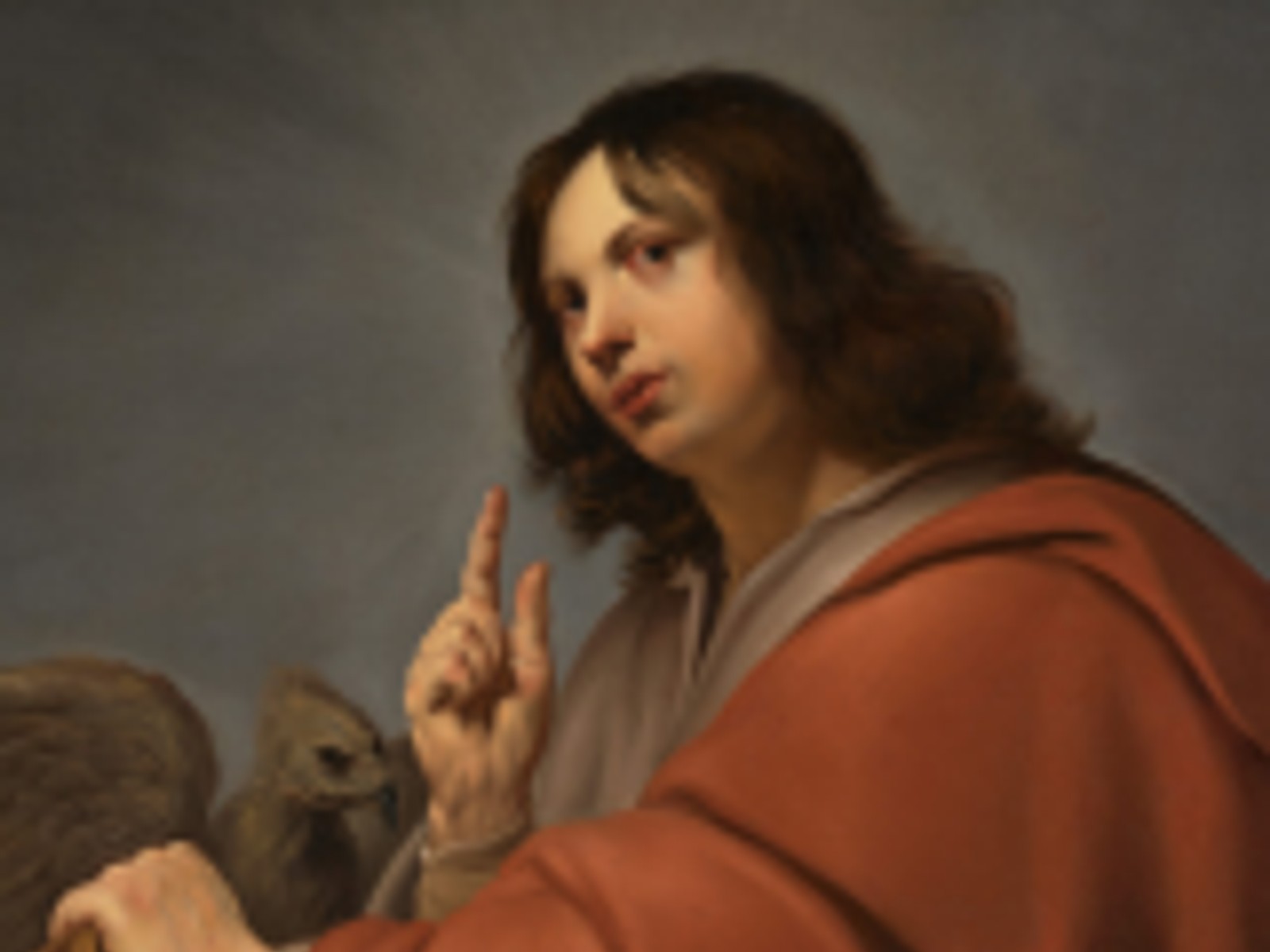 Schilderij van een persoon in rood-bruine draperie, naar rechts gekeerd, met hand verheven in zegenend gebaar naast een dier.