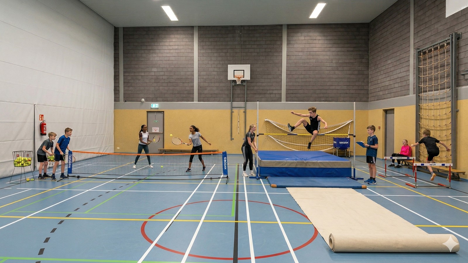 Sporthallen met kinderen die volleybal, trampoline en andere sporten beoefenen