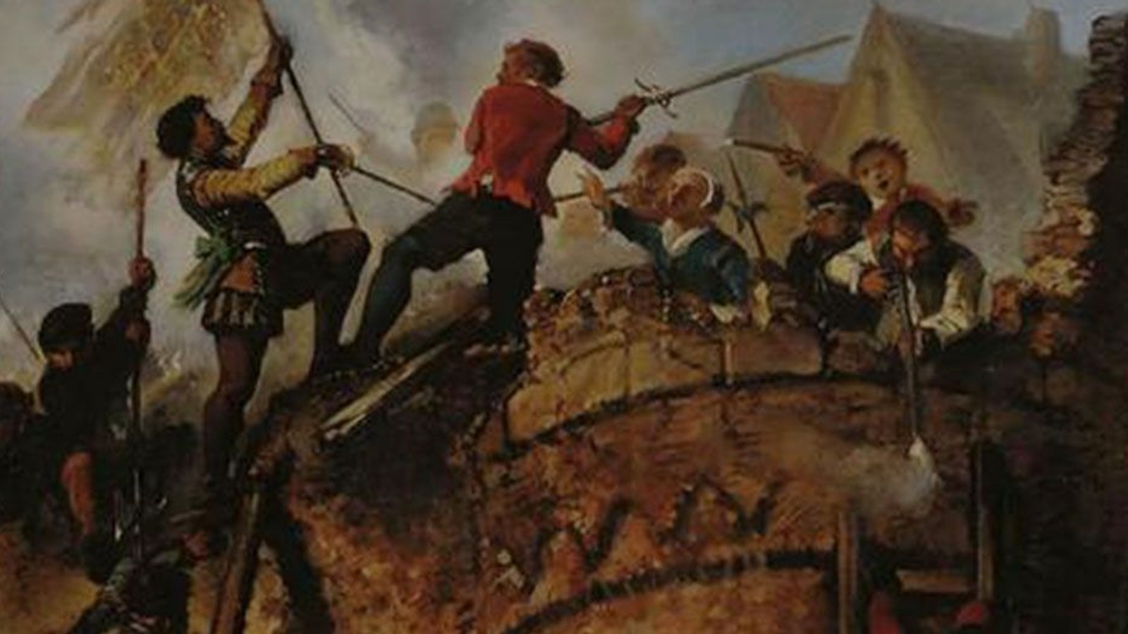 Schilderij van soldaten met vlaggen en speren op een heuvel in gevecht tijdens historische periode