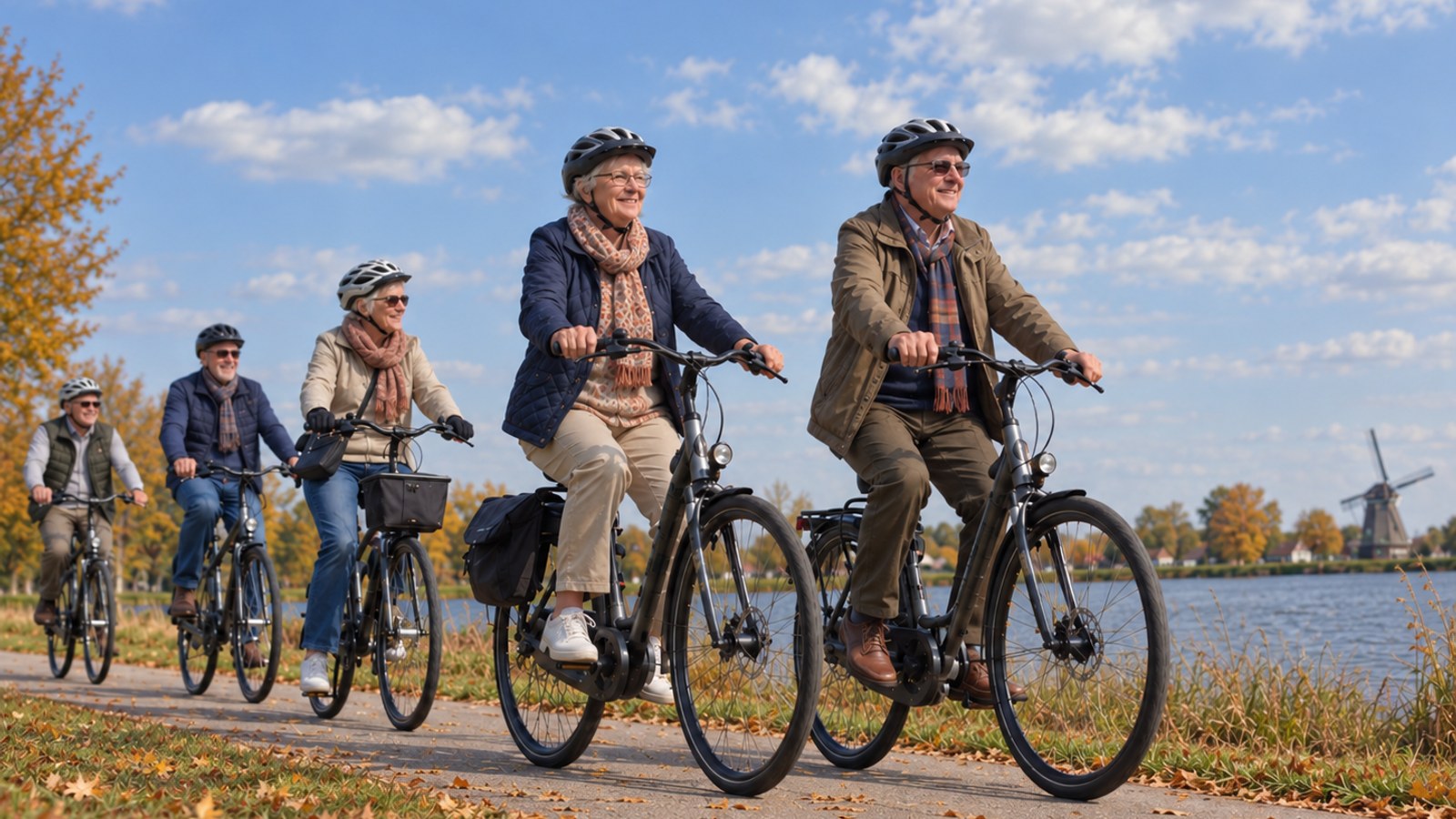 Groep fietsers rijdt op zonnige dag langs water met windmolen op achtergrond, bladeren op grond