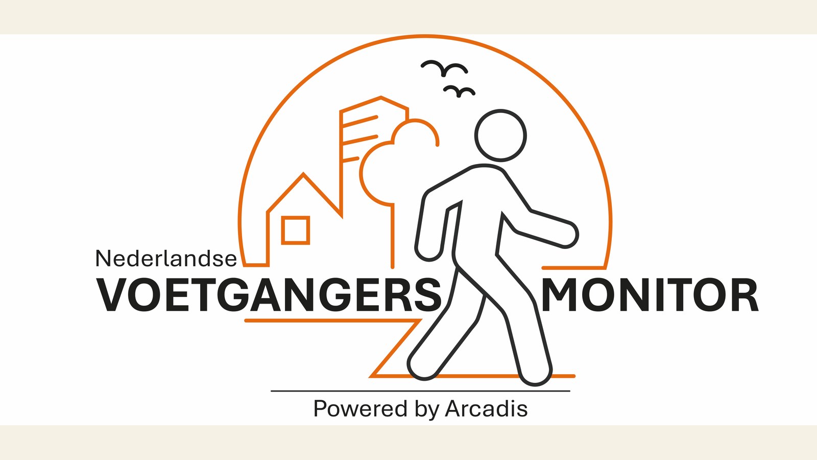Nederlandse Voetgangers Monitor logo met gestileerde figuur in beweging, huissilhouet en vlag, powered by Arcadis.