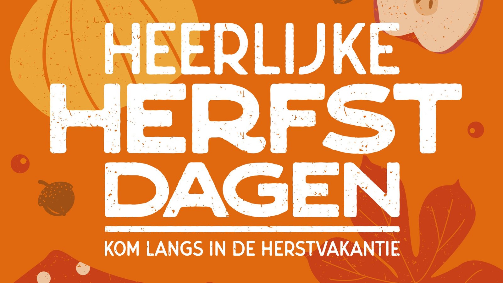 Oranje poster Museum BroekerVeiling met illustraties van herfstfruit, paddenstoel en bladeren, wit tekstopdruk