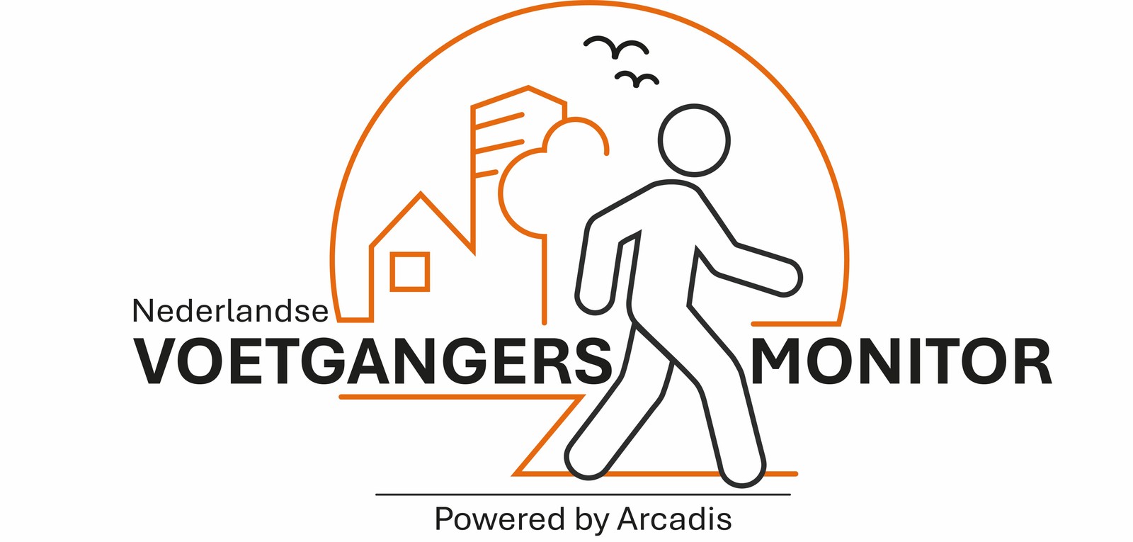 Nederlandse Voetgangers Monitor logo met stickfiguur die loopt, huis met vlag en vogels. Powered by Arcadis.