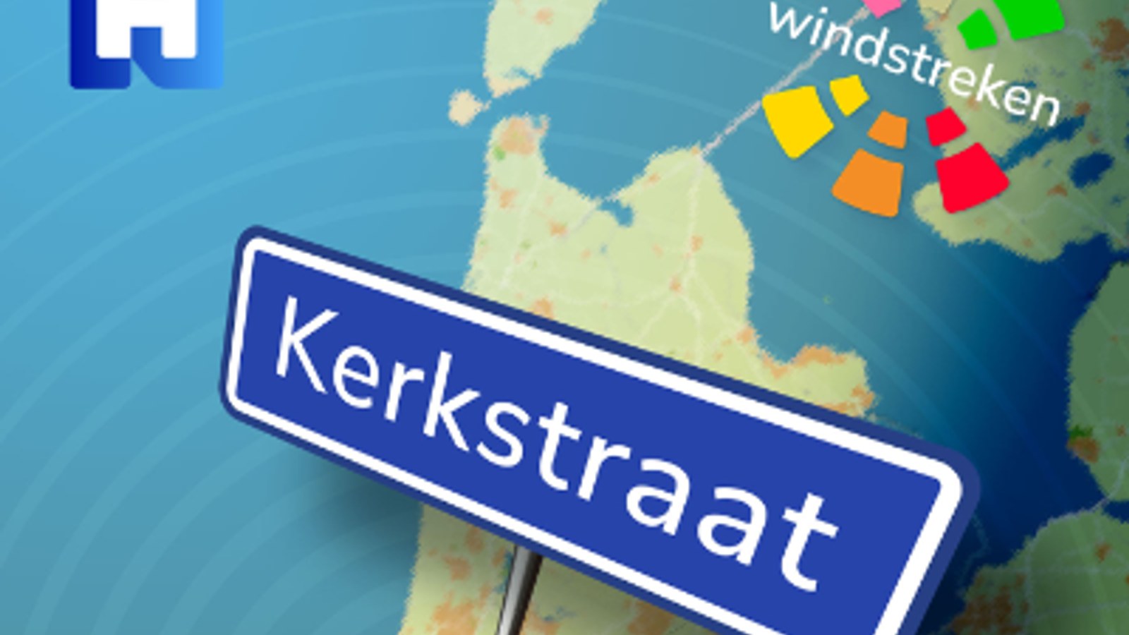 Blauwe straatnaambord met tekst 'Kerkstraat' op kaartachtergrond van Noord-Holland met gekleurde symbolen